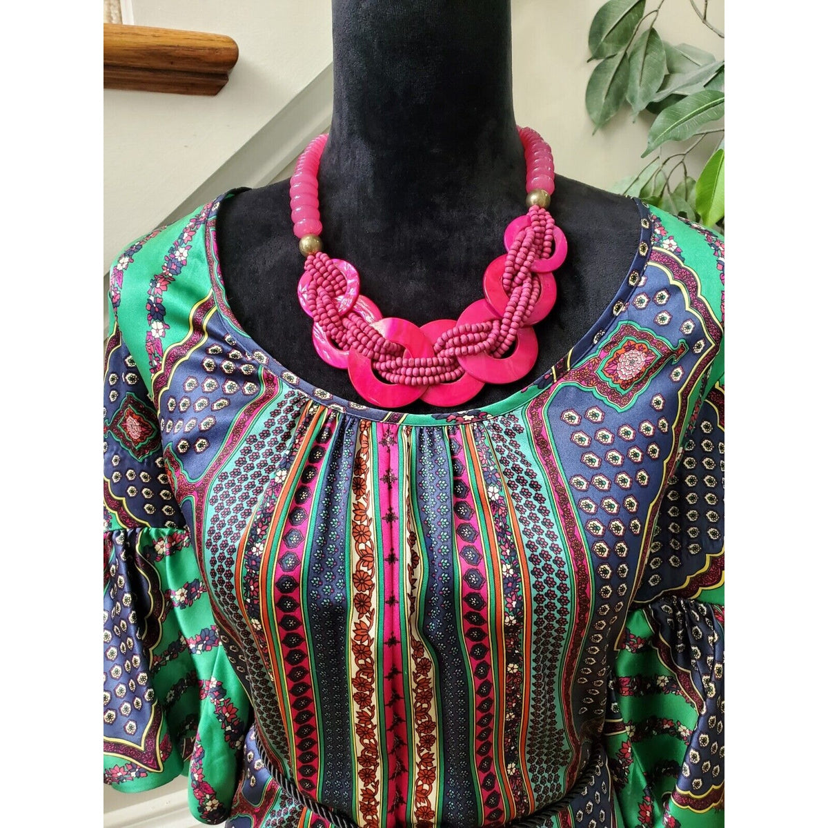 Single Dress Multicolor 100% Silk Long Sleeve Cord Waist Tie Knee Length Dress S