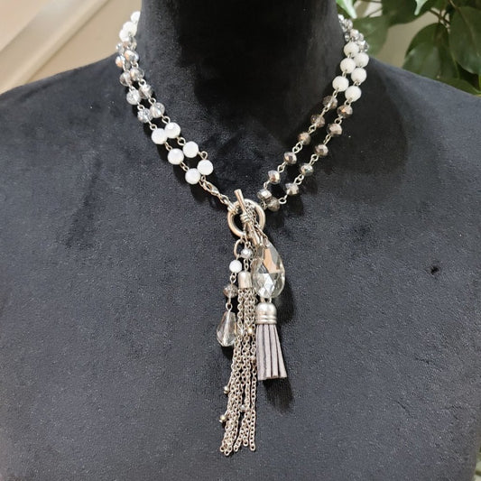 Womens Bohemian Beaded Crystal Two Strand Front Toggle Tassel Pendant Necklace
