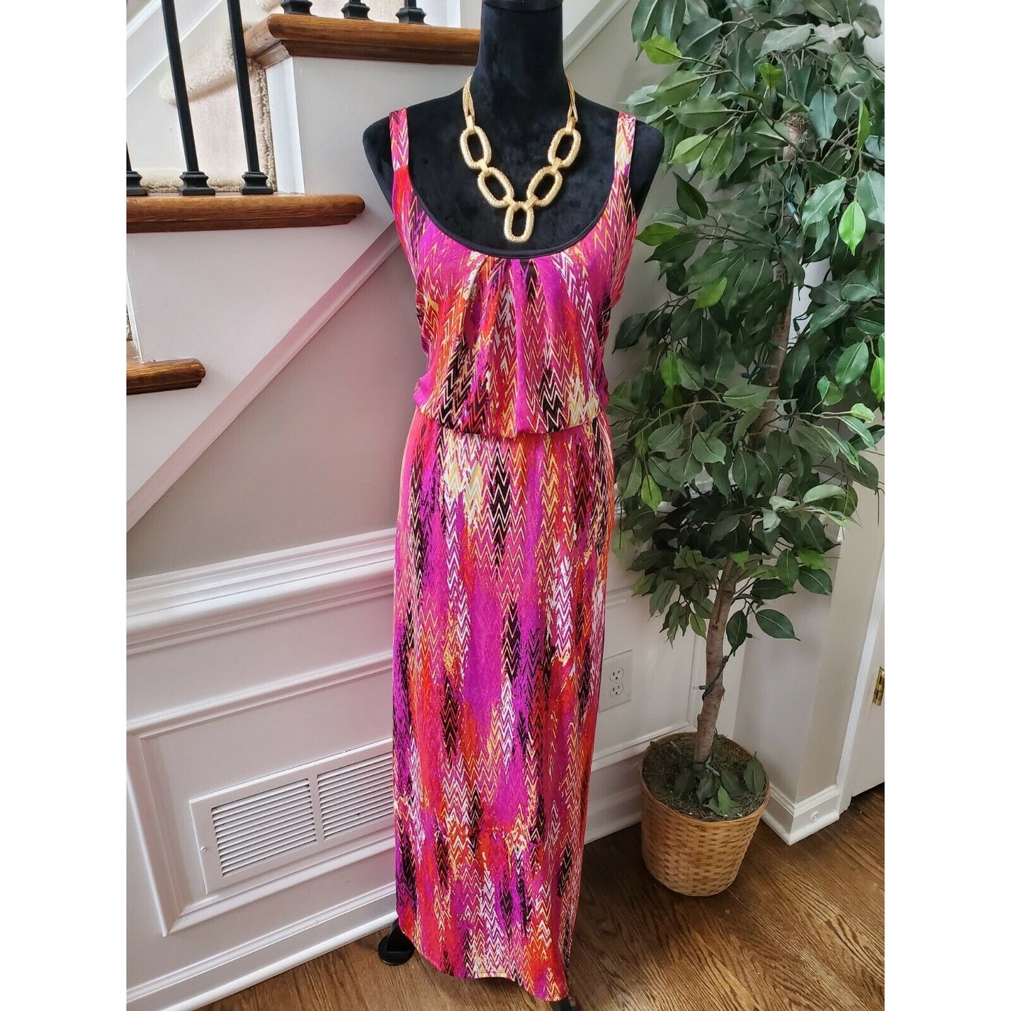 Ny Collection Women's Pink Polyester Round Neck Sleeveless Long Maxi Dress XL