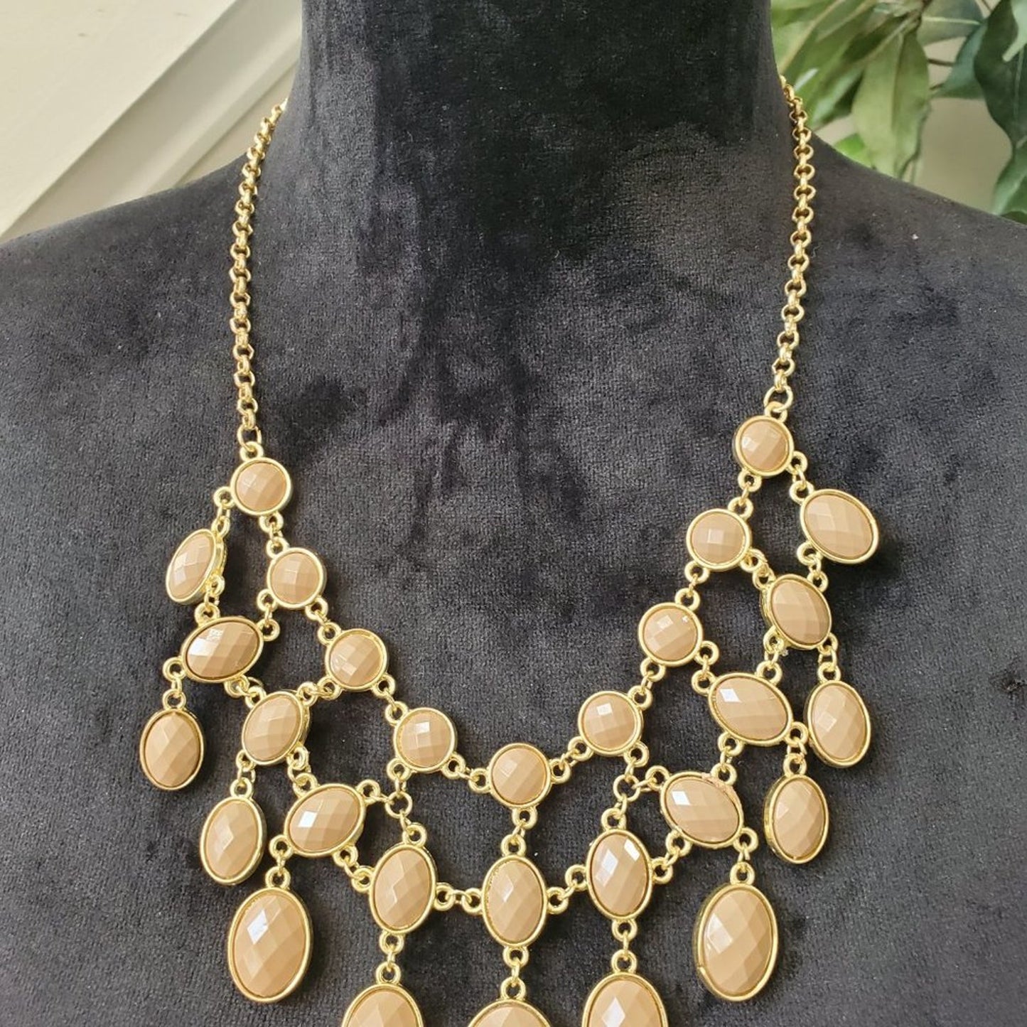 Women's Reversible Blue Beige Faceted Beads Gold Bib Statement Collar Necklace