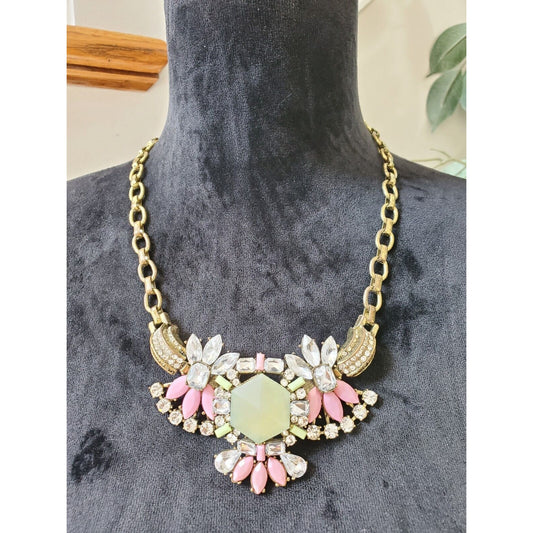Women's Diamond Crystal Plated Drop Peach Floral Statement Necklace
