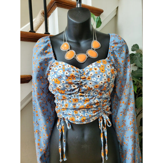 Madden Nyc Women Floral Polyester Sweetheart Neck Long Sleeve Top Blouse Size L