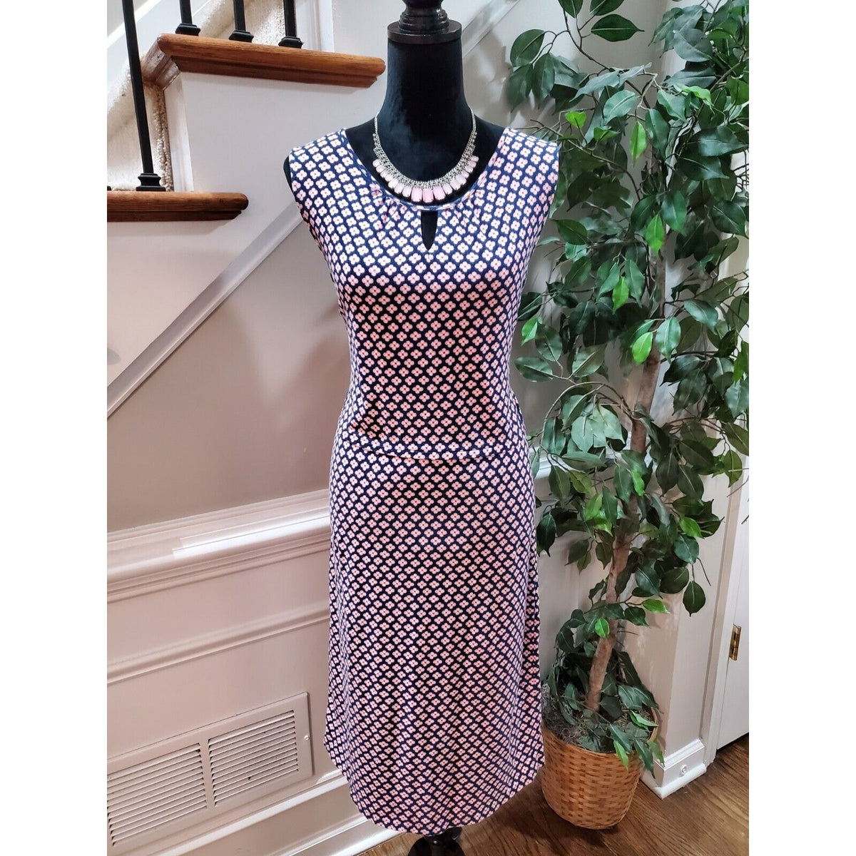 Blue Floral Polyester Round Neck Sleeveless Casual Knee Length Dress Medium