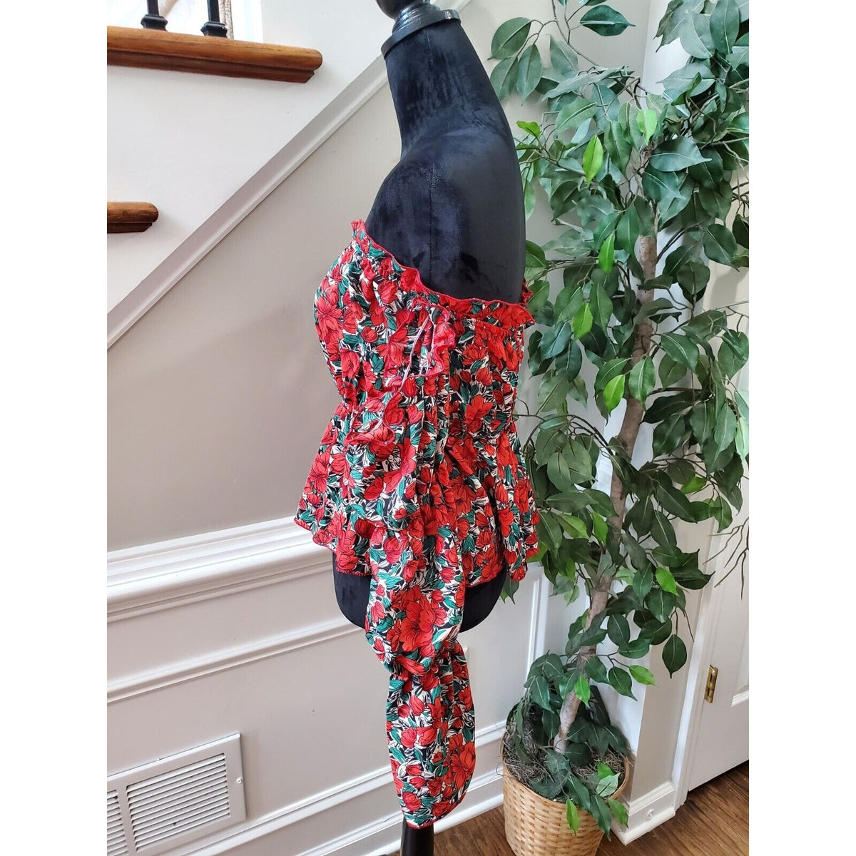 SHEIN Women Red Floral 100% Polyester Off The Shoulder Long Sleeve Top Blouse L