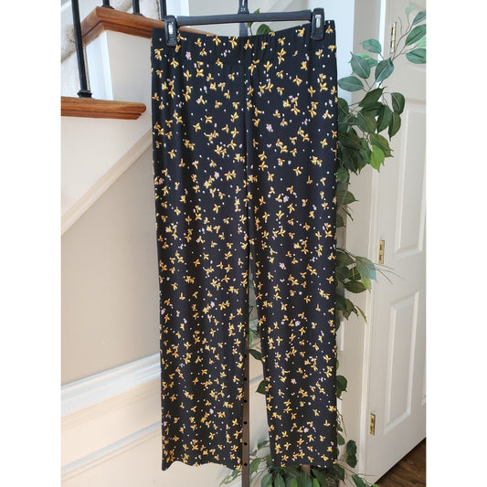 Grace Elements Womens Black Floral Polyester Casual Elastic Waist Pants Large