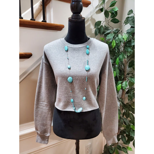 Socialite Gray Solid Cotton Long Sleeve Cropped Crew Neck Pullover Sweater Small