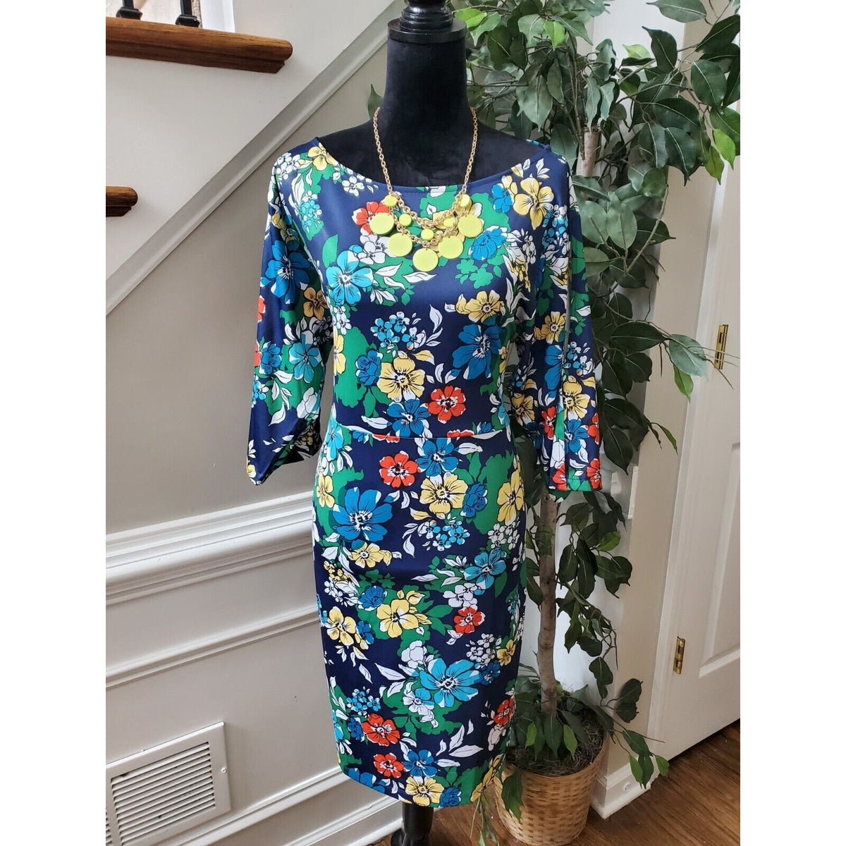 Women's Blue Floral Polyester Round Neck Long Sleeve Casual Knee Length Dress M