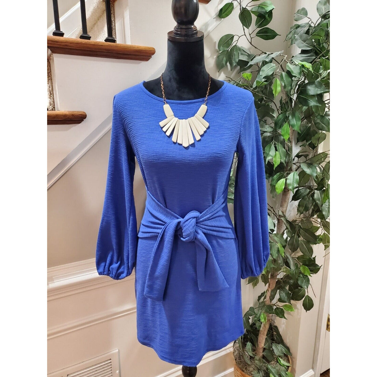 R. Vivimos Women Blue Polyester Round Neck Long Sleeve Knee Length Dress Size S