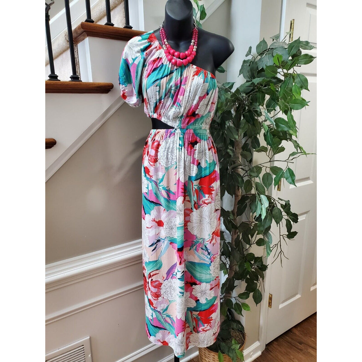 America & Beyond Women Floral Viscose One Shoulder Off Casual Long Maxi Dress M