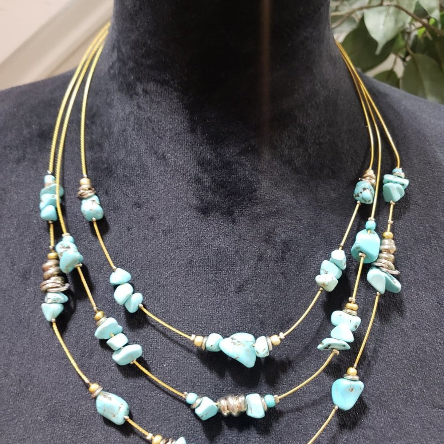 Women Triple Layer Beaded Blue Turquoise Stone Charm Necklace with Lobster Clasp