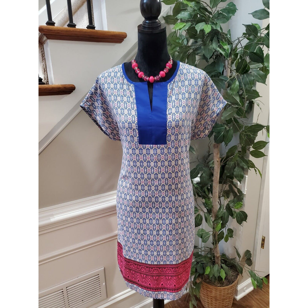 Pleione Womens Blue Polyester Short Sleeves Round Neck Knee Length Dress Size S