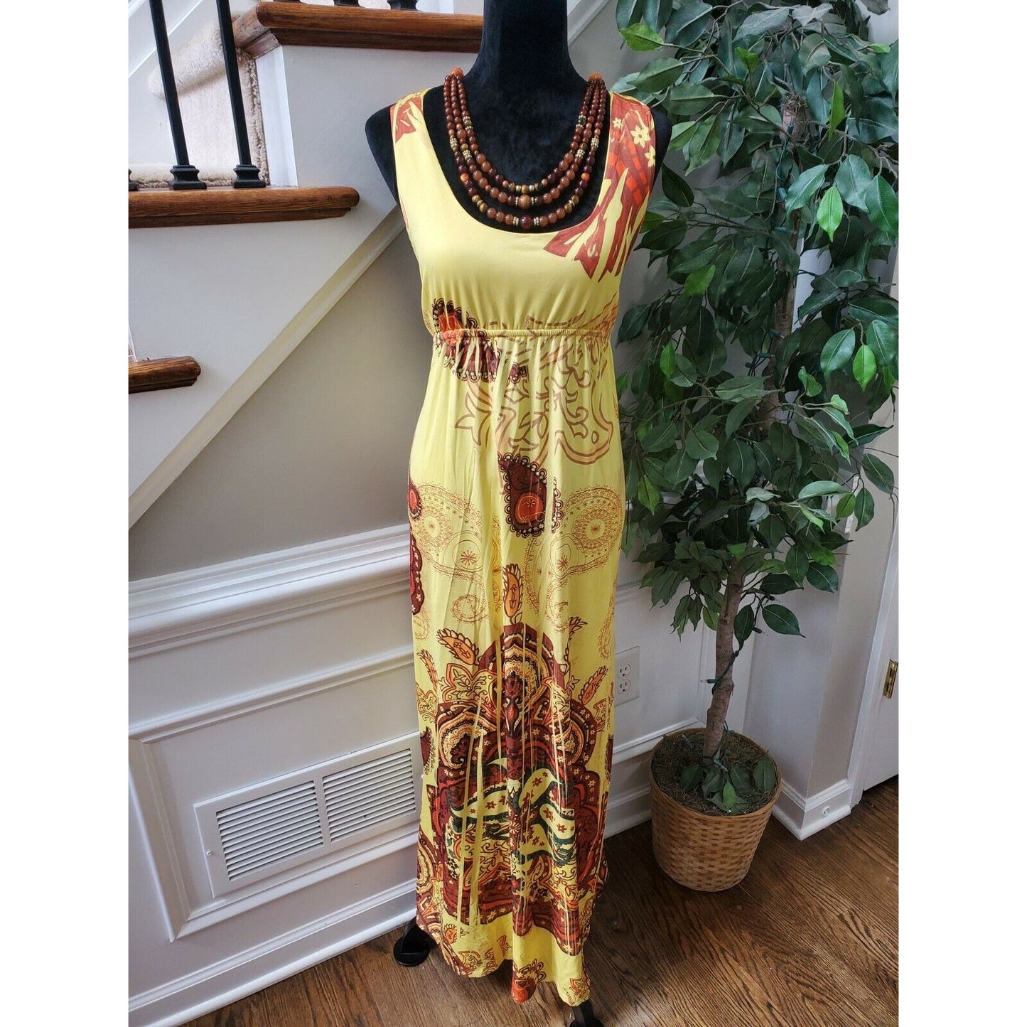 Snap Women's Yellow Polyester Scoop Neck Sleeveless Long Maxi Dress Size X-Large