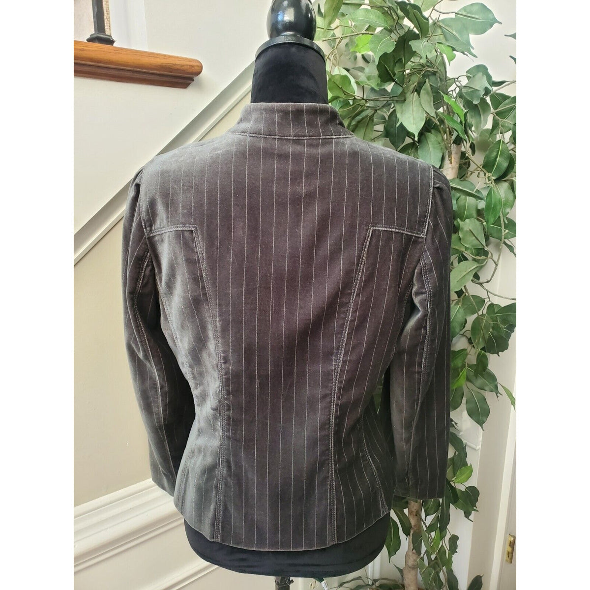 Loft Ann Taylor Gray Striped Mock Neck Velvet Long Sleeve Blazer Jacket Size 6