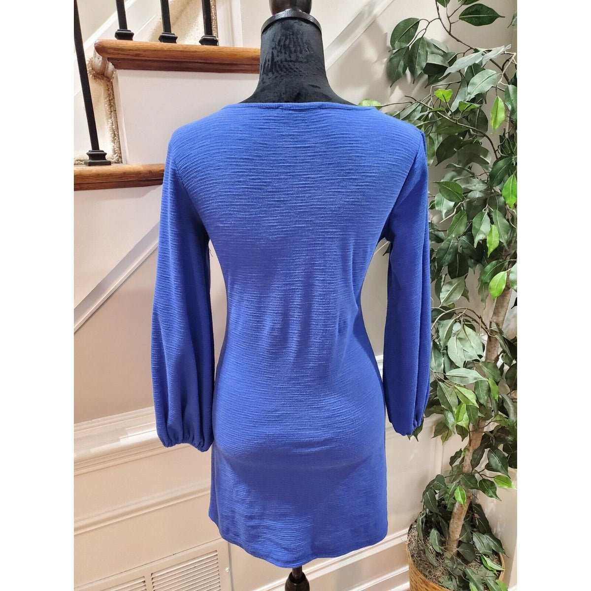 R. Vivimos Women Blue Polyester Round Neck Long Sleeve Knee Length Dress Size S