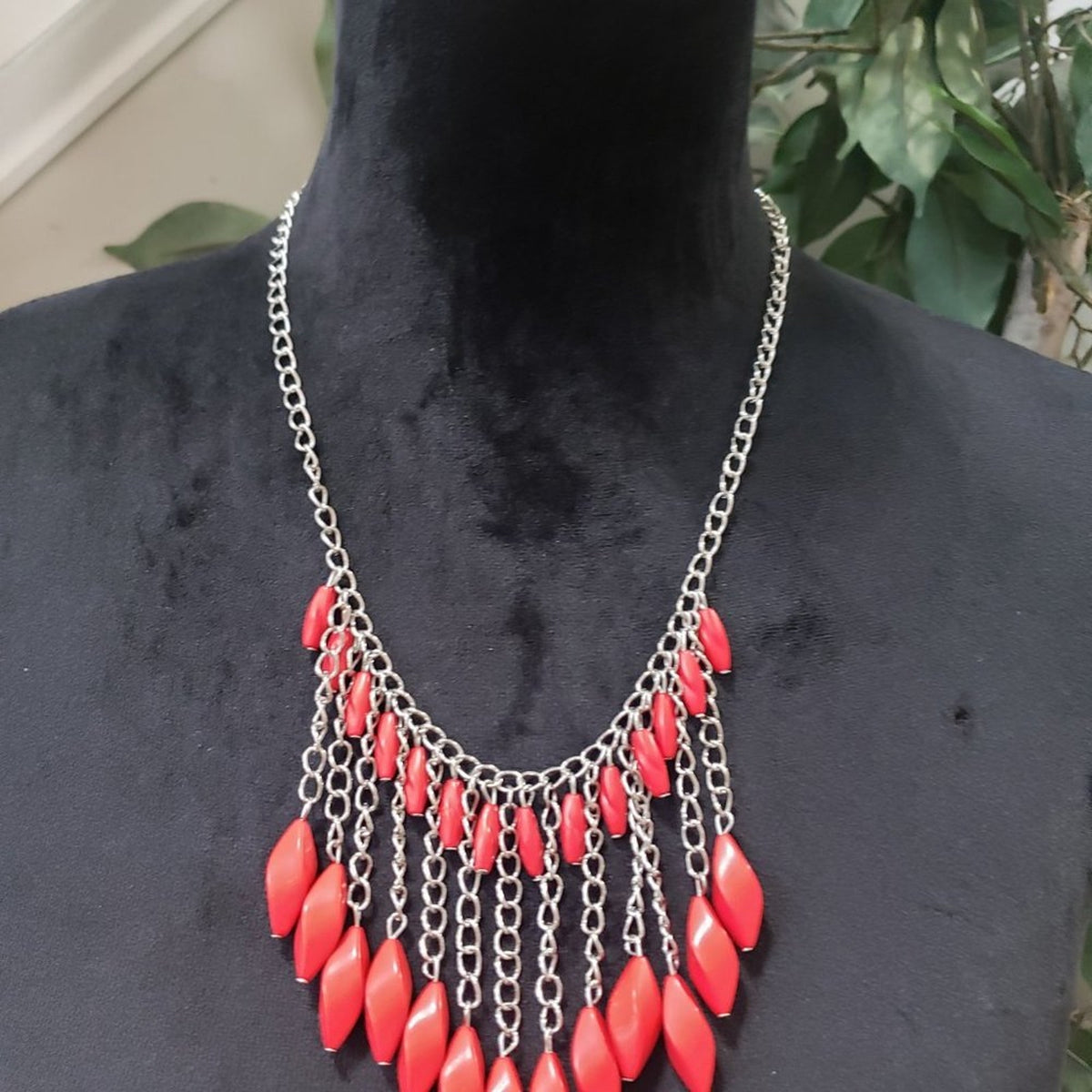 Womens Silver Chain Binge Red Stone Beaded Statement Necklace with Lobster Clasp