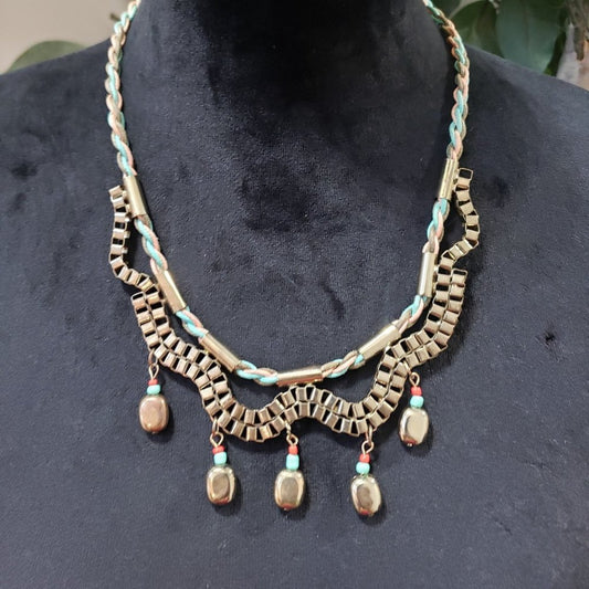 Womens Gold Tone Linked Chain and Beaded Collar Necklace with Lobster Clasp