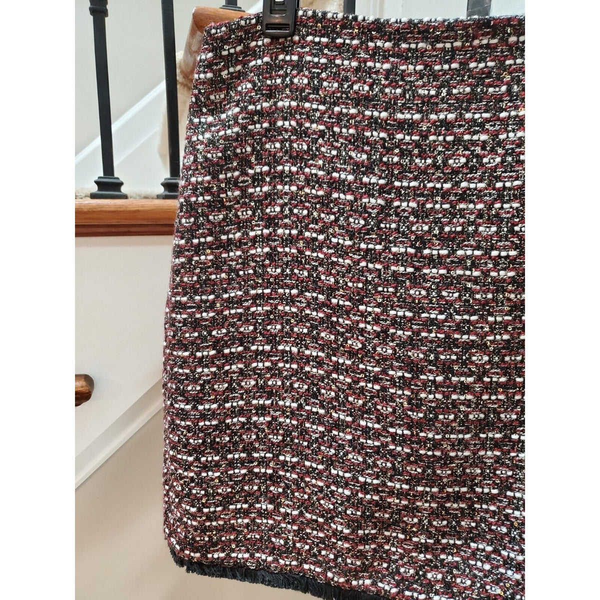 LOFT Womens Red & Black Polyester Sequin Tweed Fringe Bottom Mini Skirt Size 12P