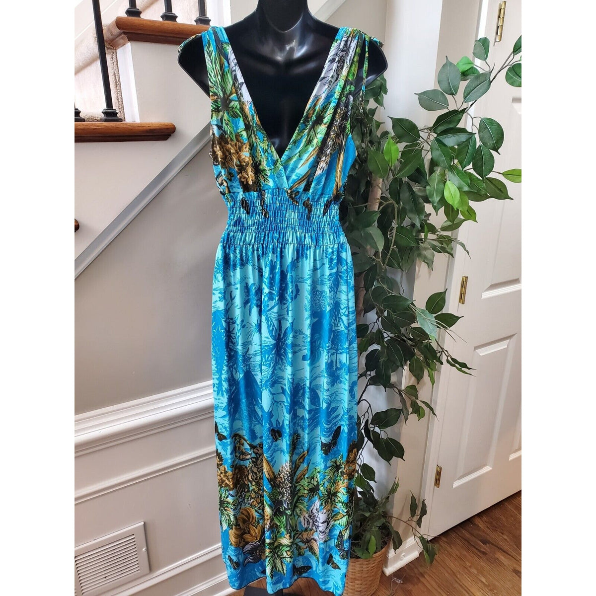 Women's Multicolor Floral V-Neck Sleeveless Pleated Casual Long Maxi Dress S