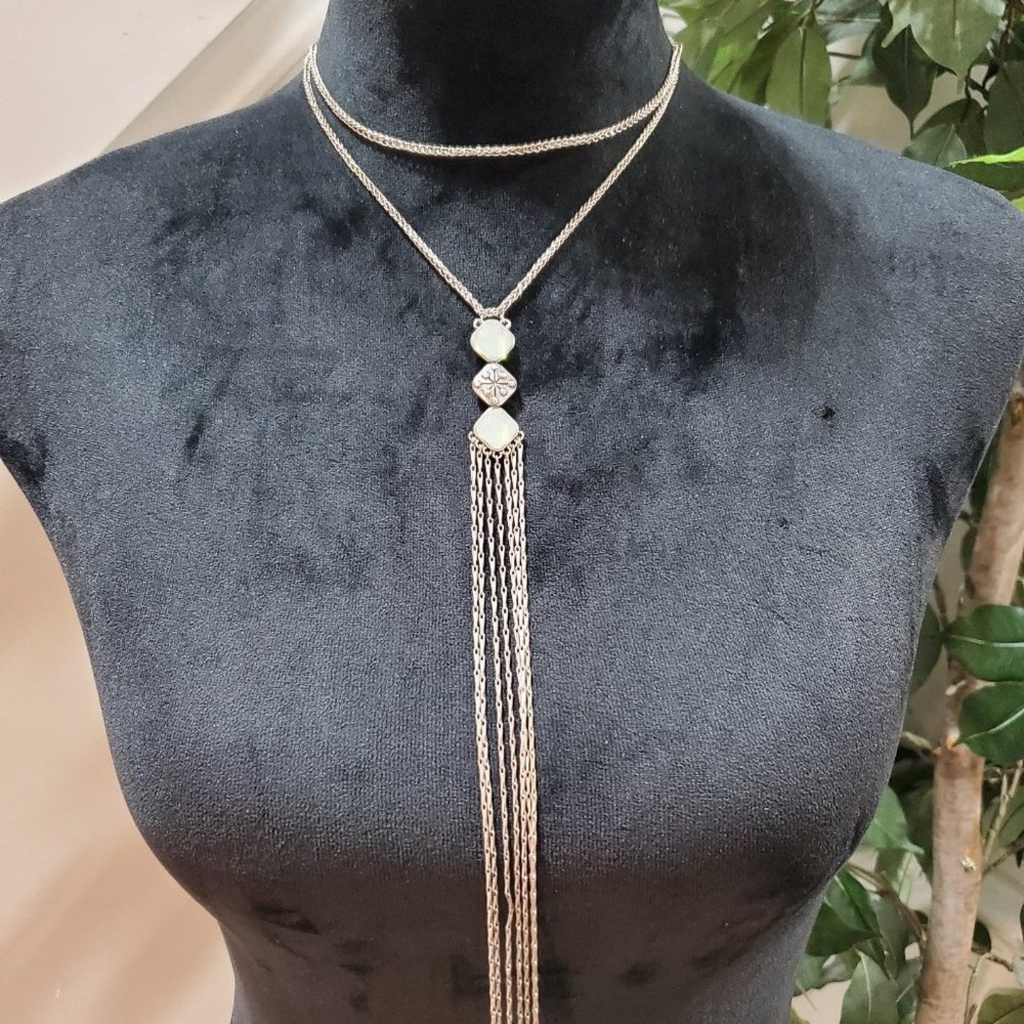 Womens Faux Moonstone Tassel Long Gold Charm Pendant Necklace