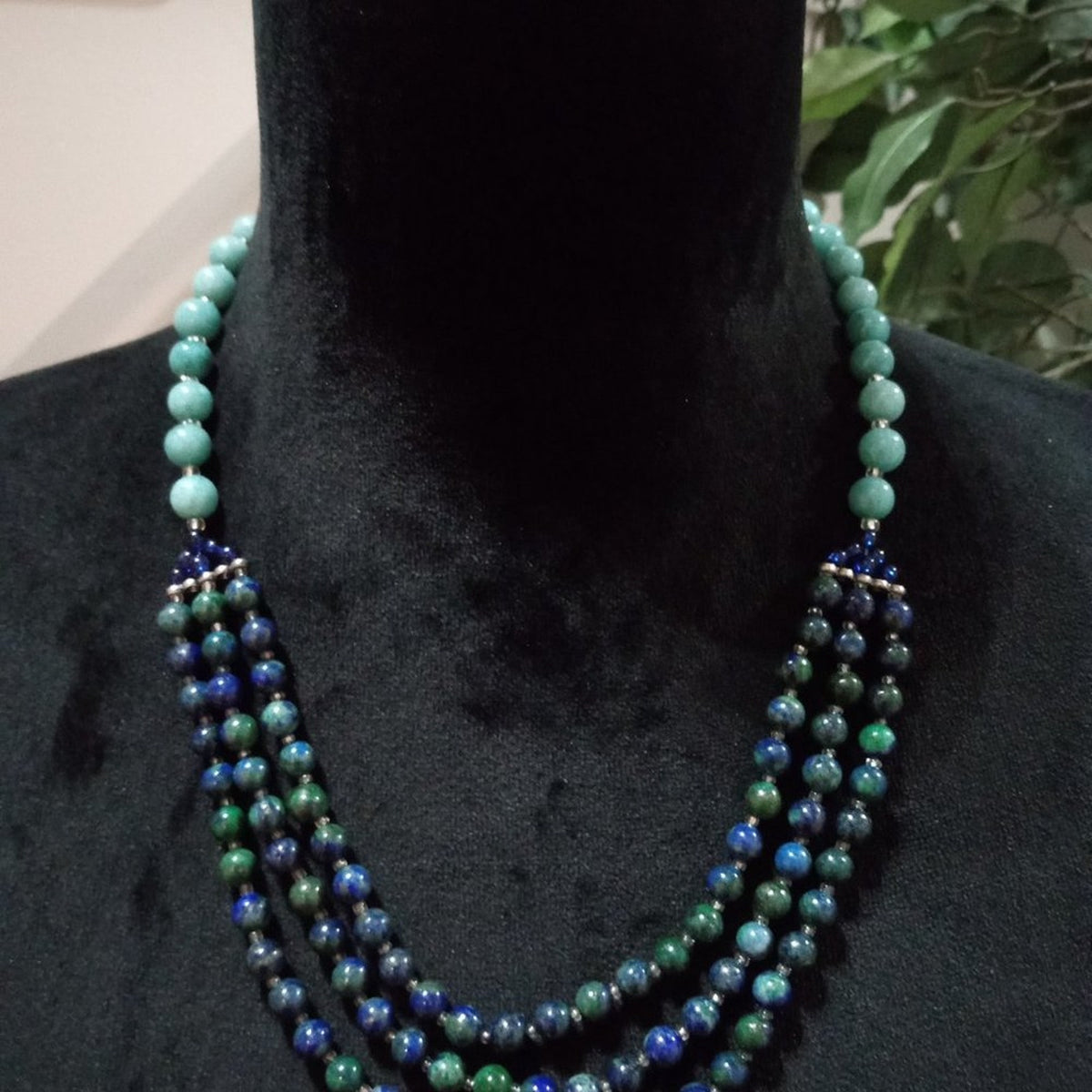 Womens Fashion Triple Strand Blue Green Beaded Collar Necklace w/ Lobster Clasp