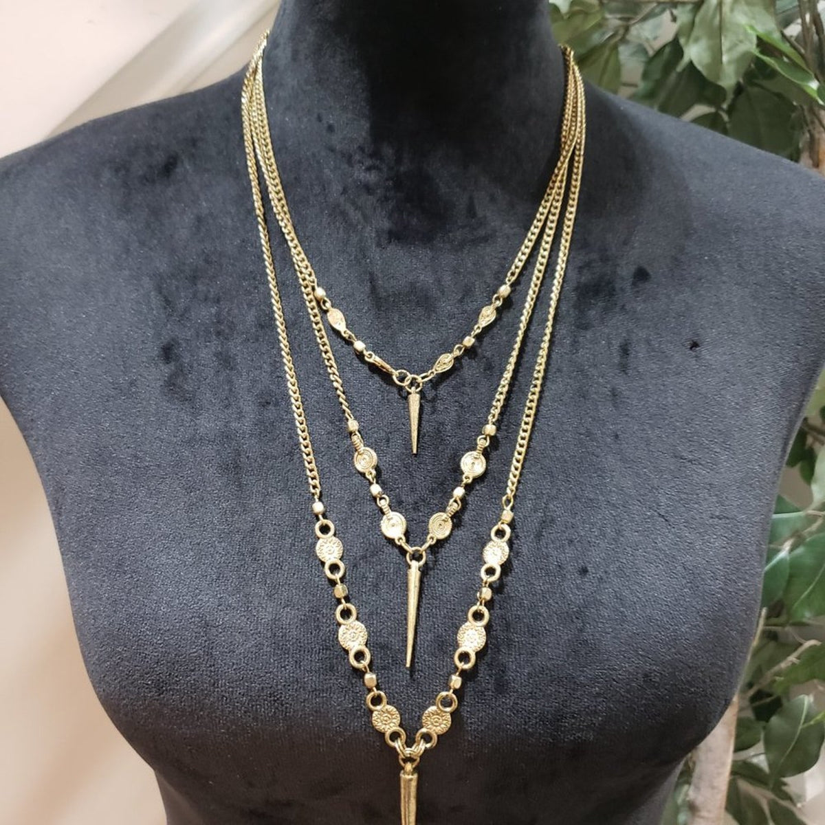 Women Gold Tone Multi-layer Chain Pendant Necklace Adorned w/ Metal Charm Tassel
