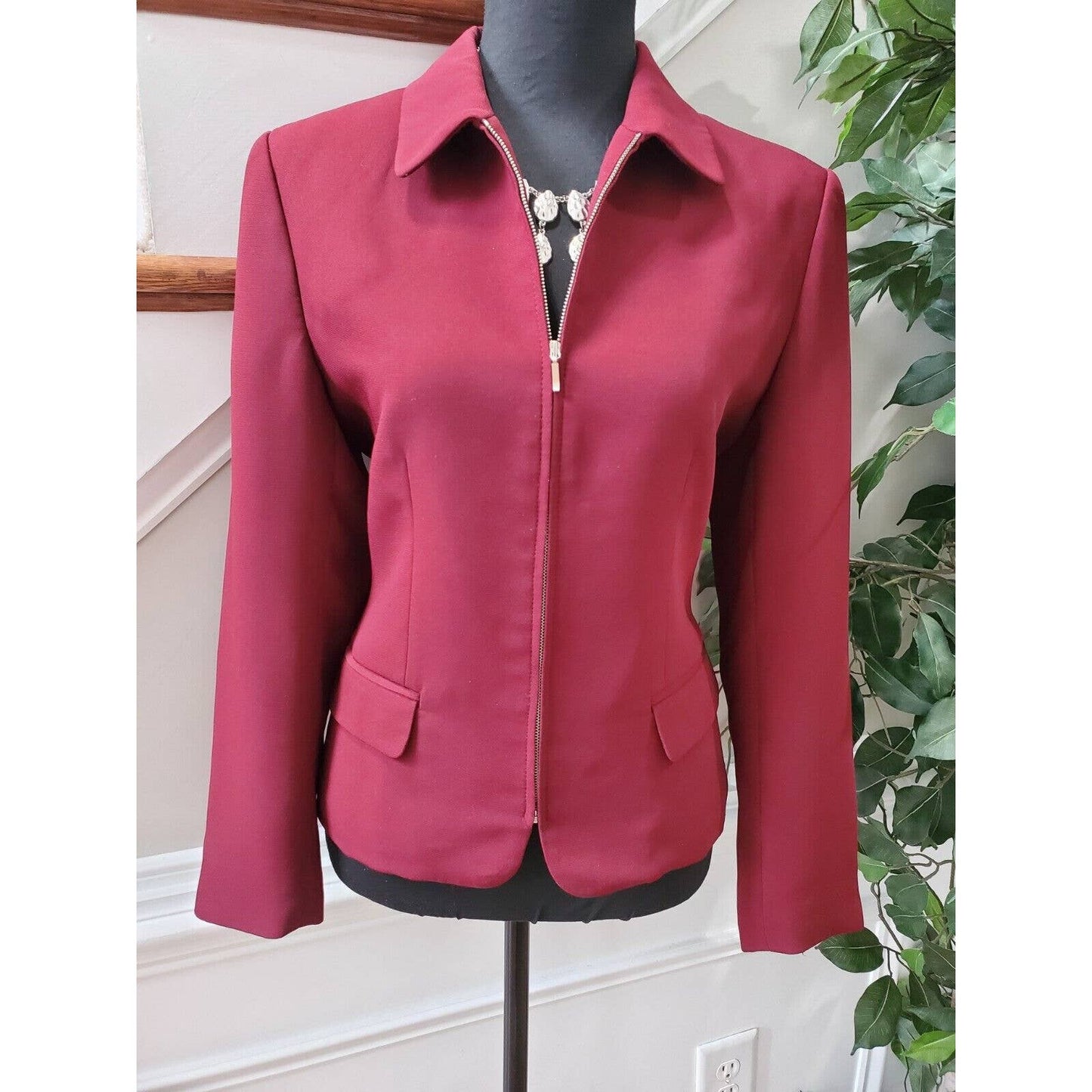 Style& Co. Women's Maroon Polyester Long Sleeve Full Zip Jacket Blazer Size 10P