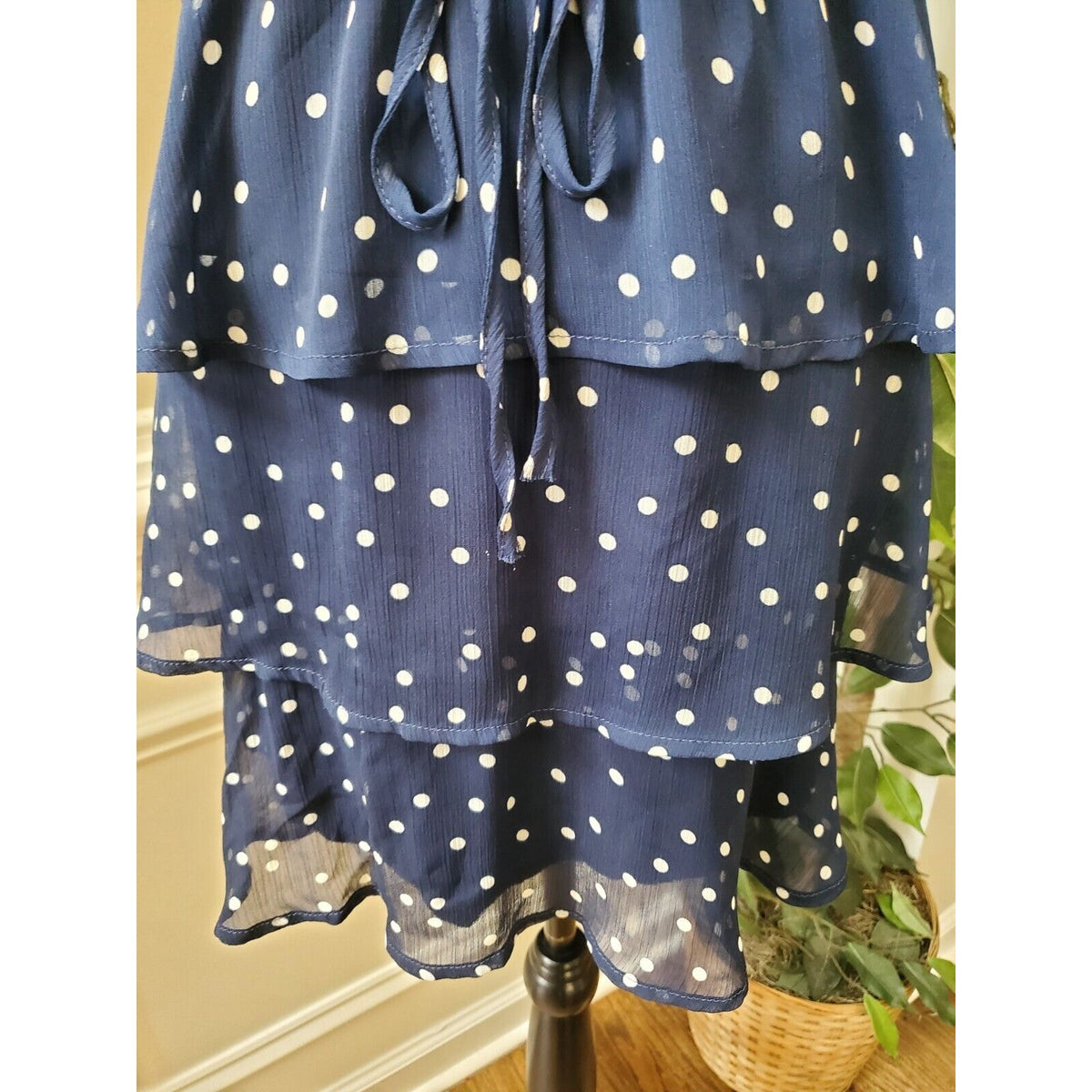 Trixxi Womens Small Polka Dot Mini Dress Navy White Flutter Sleeve Nautical L