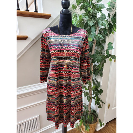Signature Womens Multicolor Polyester Round Neck Long Sleeve Knee Length Dress M