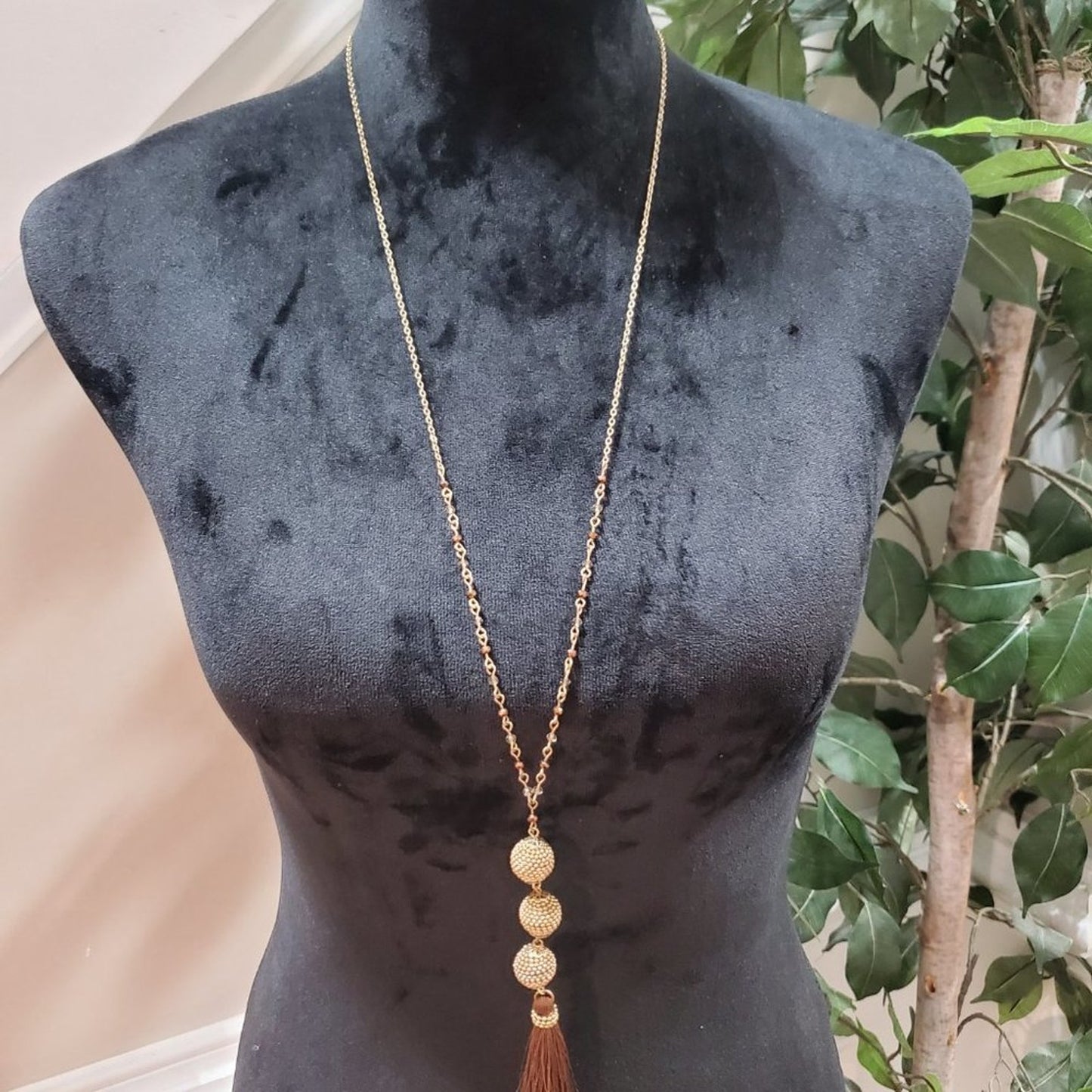 Womens Tassel  Long Gold with Faux Pearl Pendant Necklace