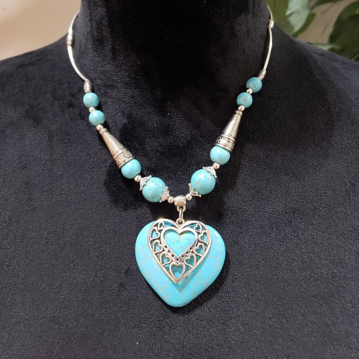 Womens Turquoise Love Heart Ethnic Style Statement Pendant Necklace with Lobster
