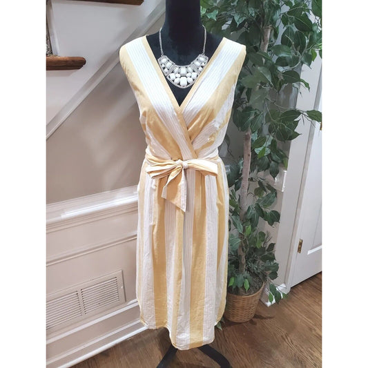 Christopher & Banks Women's Yellow White Sleeveless V-Neck Knee Length Dress 16