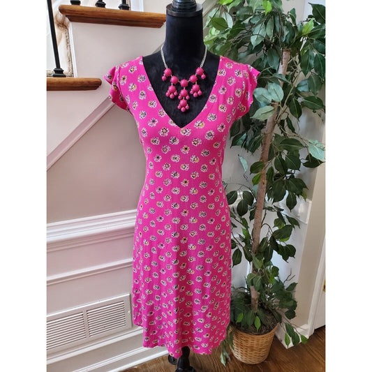 LOFT Plus Pink Floral Rayon Cap Sleeve V Neck Knee Length Dress Size 14