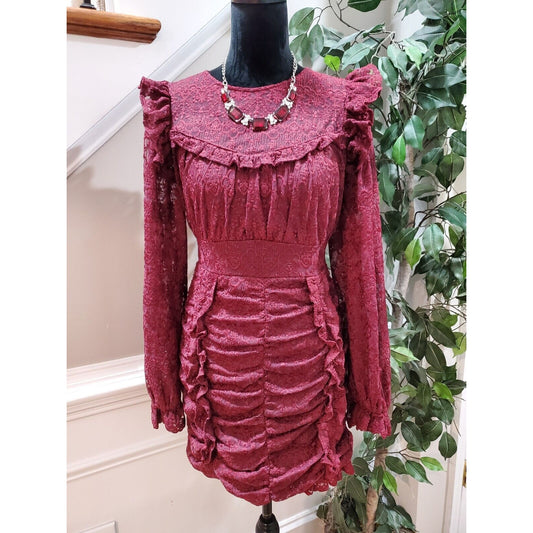 Just Me Women's Maroon polyester Round Neck Long Sleeve Knee Length Dress Size S