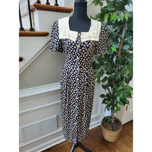 Vintage Perceptions Blue Floral Square Neck Short Sleeve Long Maxi Dress Size 6