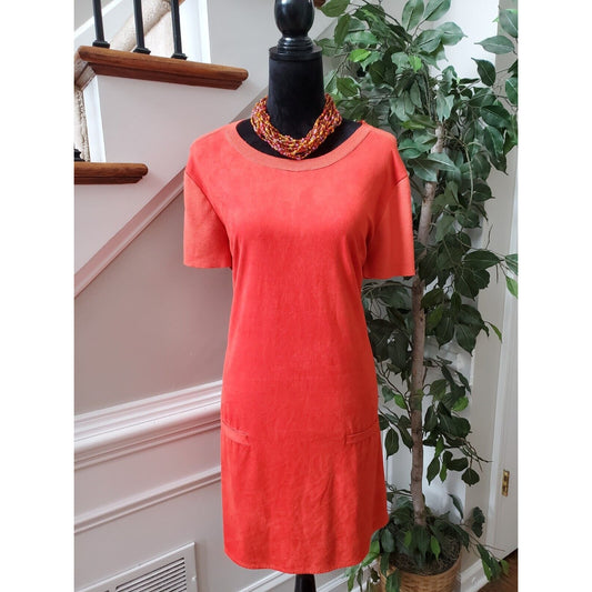 New York & Company Womens Orange Round Neck Short Sleeve Knee Length Dress Large