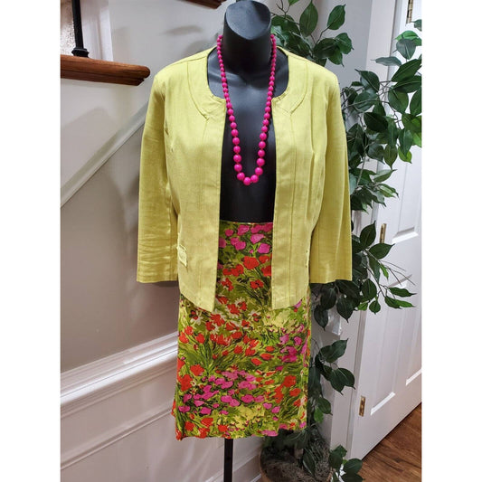 Sunny Leigh Women Yellow & Green Cotton Open Front Jacket & Skirt 2 Pc's Suit 6