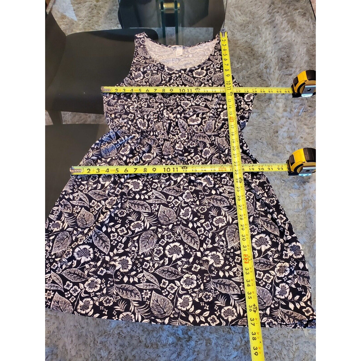 Basic Basique Women Blue Floral Cotton Scoop Neck Sleeveless Knee Length Dress L