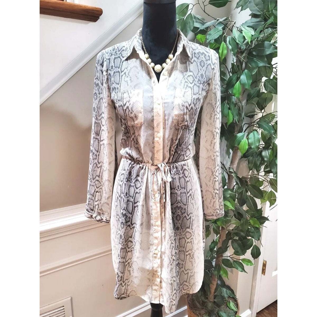 Old Navy Women's Snake Skin Print Button Front Drawstring Waist Shirt Dress XS
