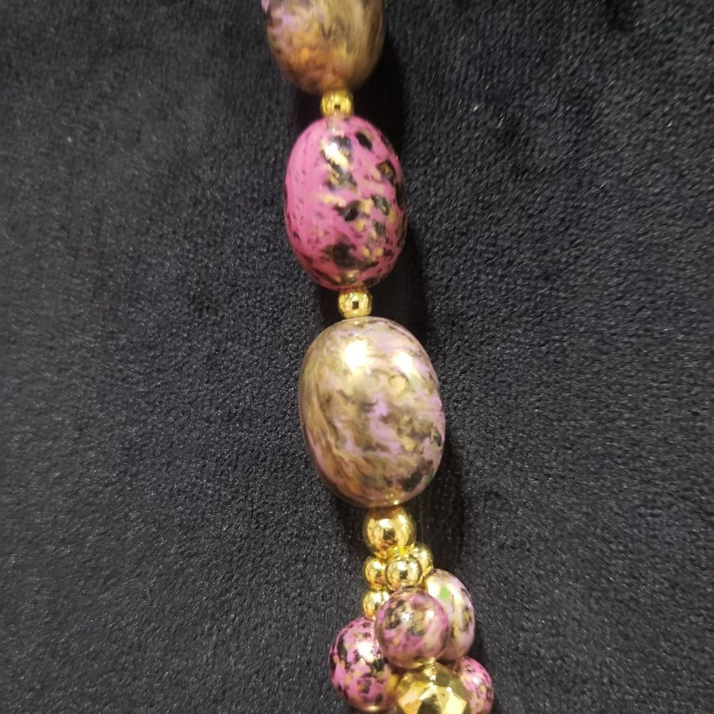 Womens Fashion Triple Strand Pink and Gold Color Stones Chunky Beaded Necklace