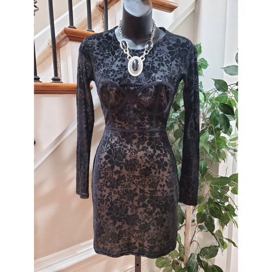 Lulus Women's Black Floral Round Neck Long Sleeve Casual Knee Length Dress Small