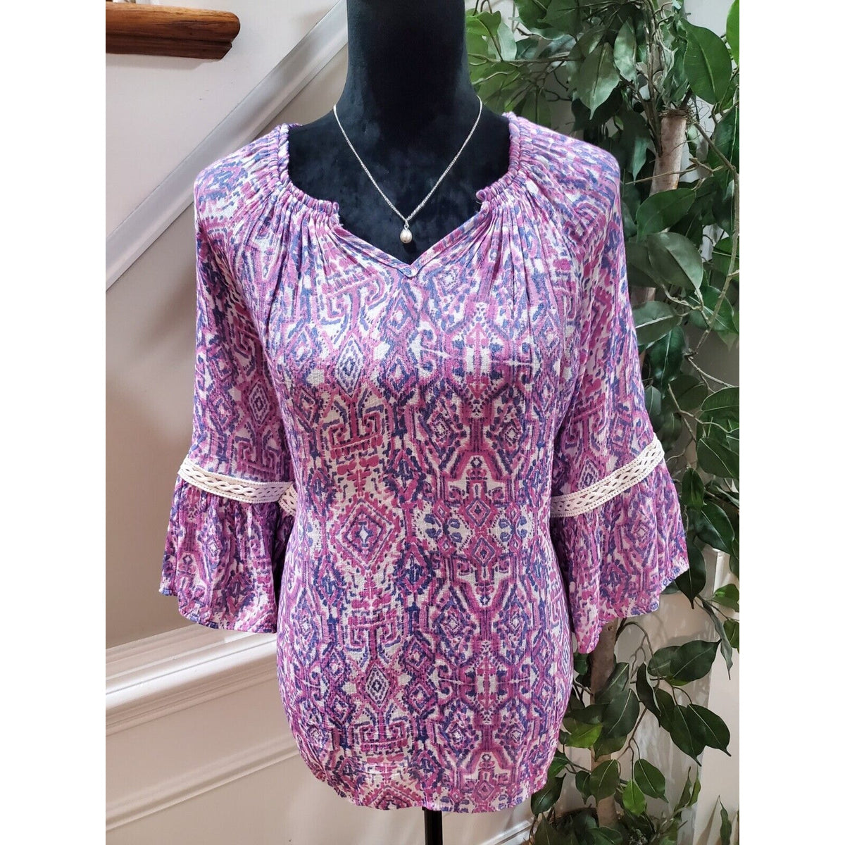 New Directions Women Purple Polyester V-Neck Long Sleeve Casual Top Blouse Large