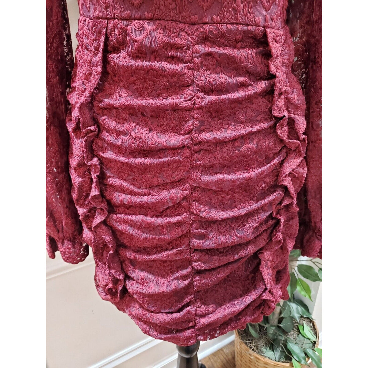 Just Me Women's Maroon polyester Round Neck Long Sleeve Knee Length Dress Size S