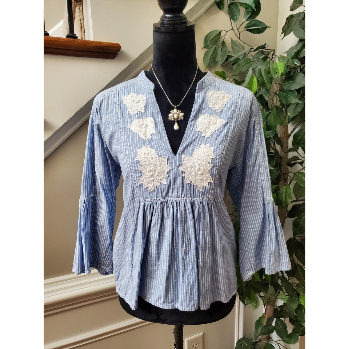 L.O.G.G Women's Blue Striped 100% Cotton V-Neck Long Sleeve Casual Top Blouse 2