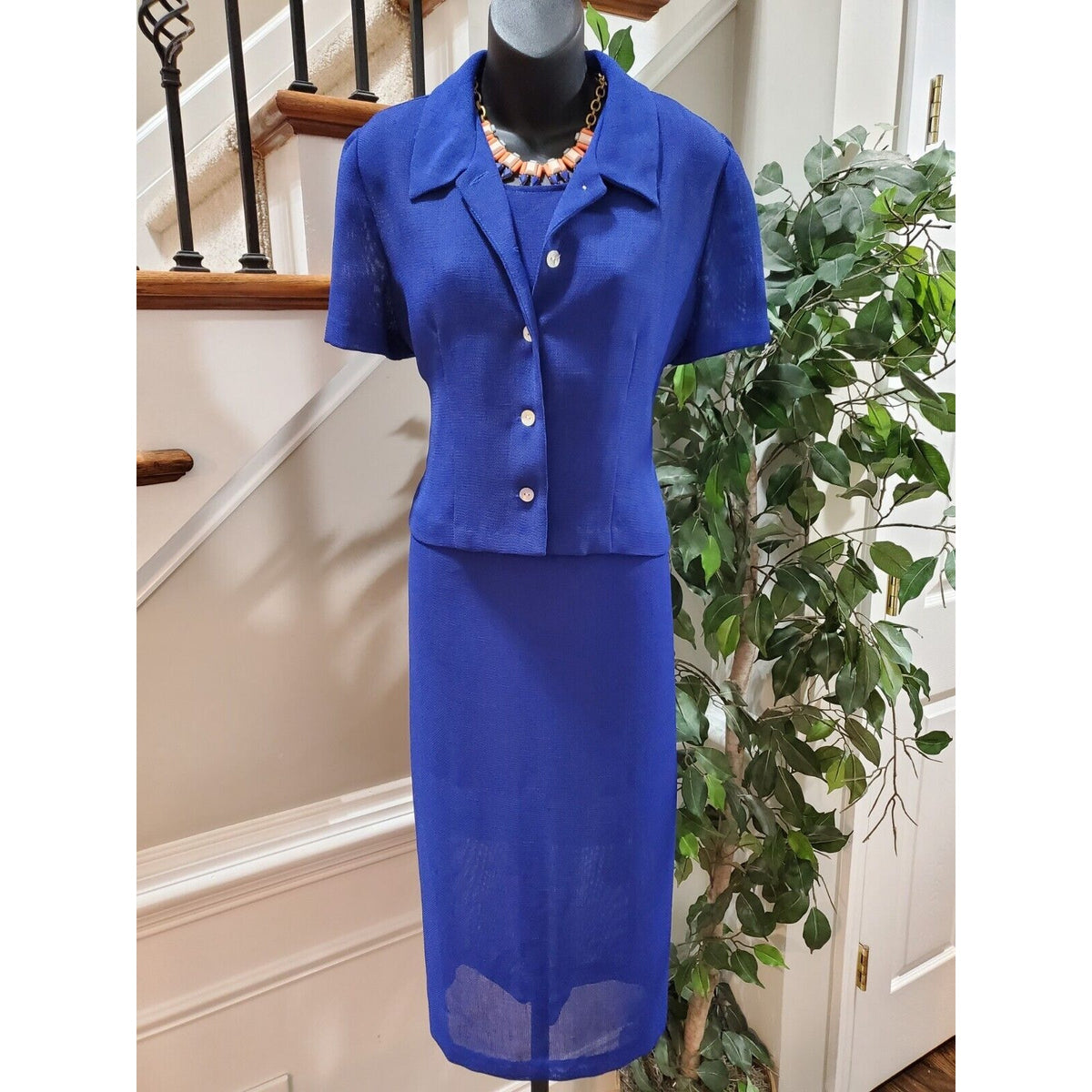 Miss Dorby Women Blue Solid Short Sleeve Jacket & Knee Length Dress 2 Pcs Suit M