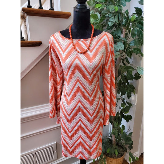 Emma & Michele Women Orange Chevron Polyester Round Neck Knee Length Dress Large