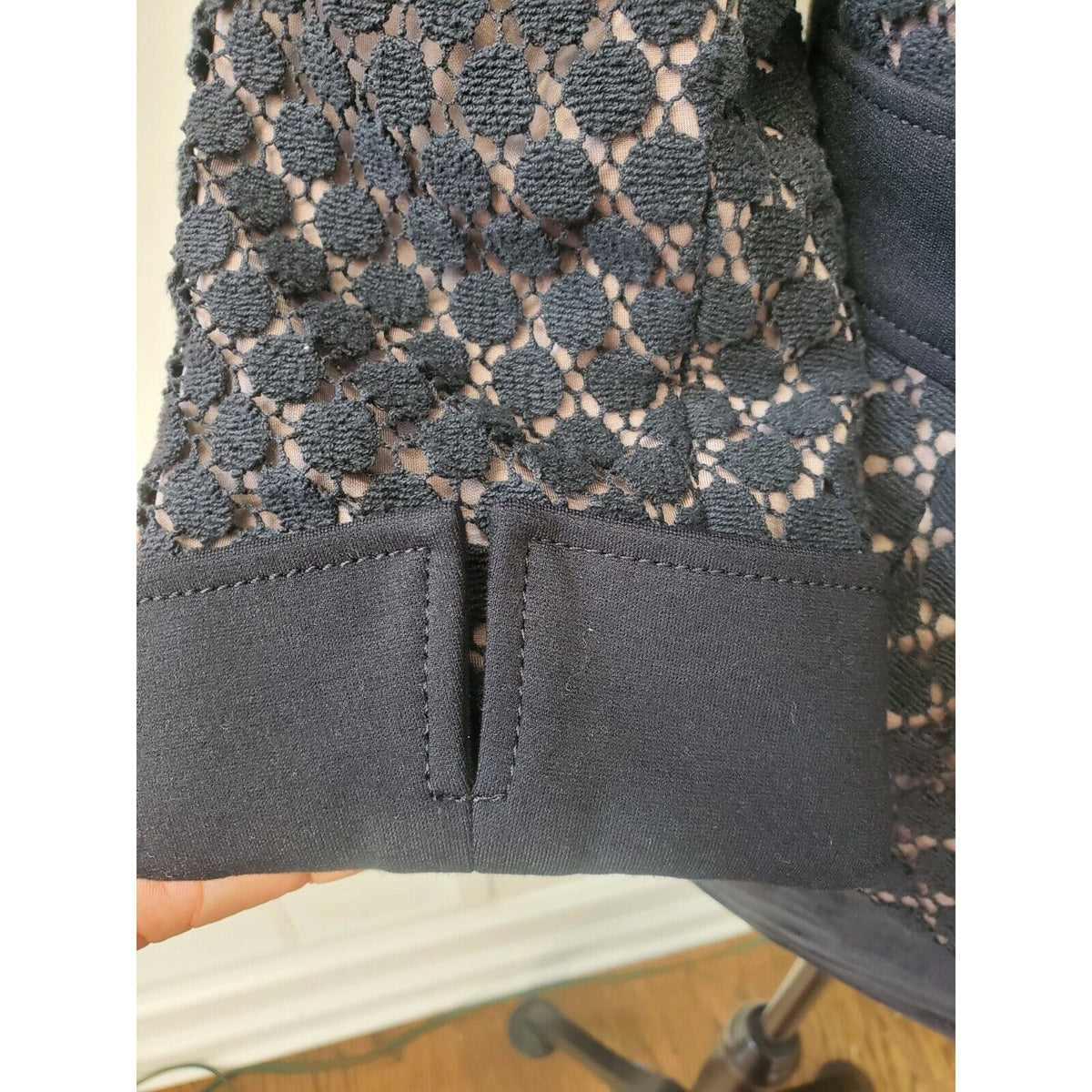 Kay Unger Womens Black Cotton 3/4 Sleeve Crochet Swiss Dot Stretch Blazer Size 6