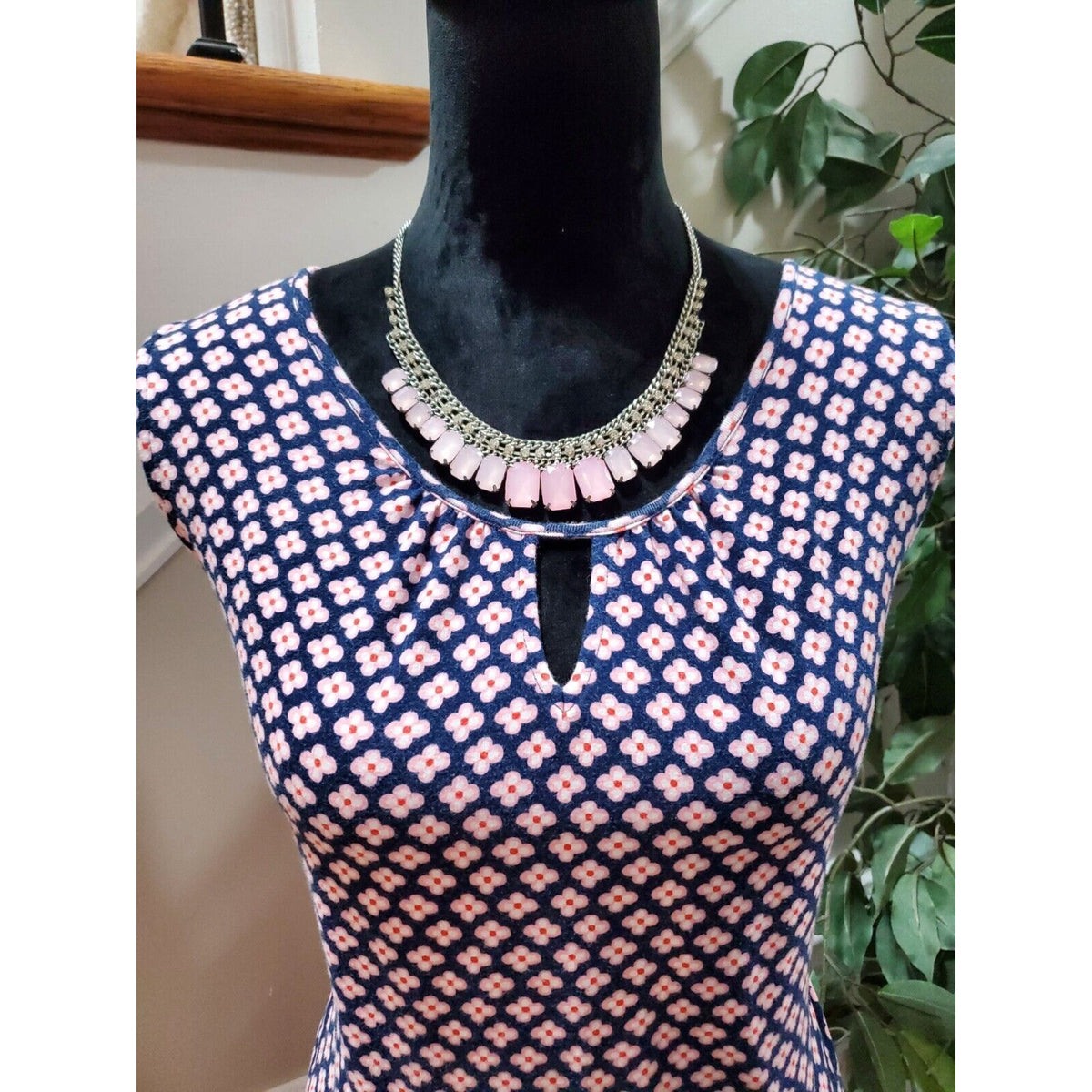 Blue Floral Polyester Round Neck Sleeveless Casual Knee Length Dress Medium