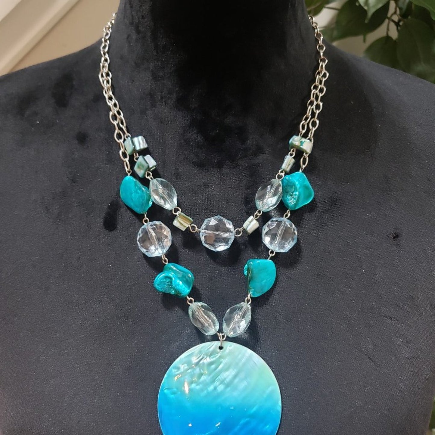 Womens Double Layered Clear Crystals, Glass and Shell Beads Pendant Necklace