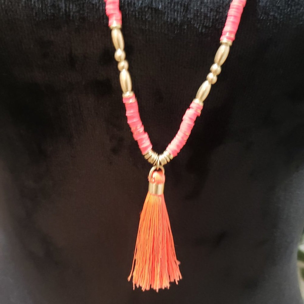 Women's Bohemian Beaded Long Pink & Gold Tassel Necklace