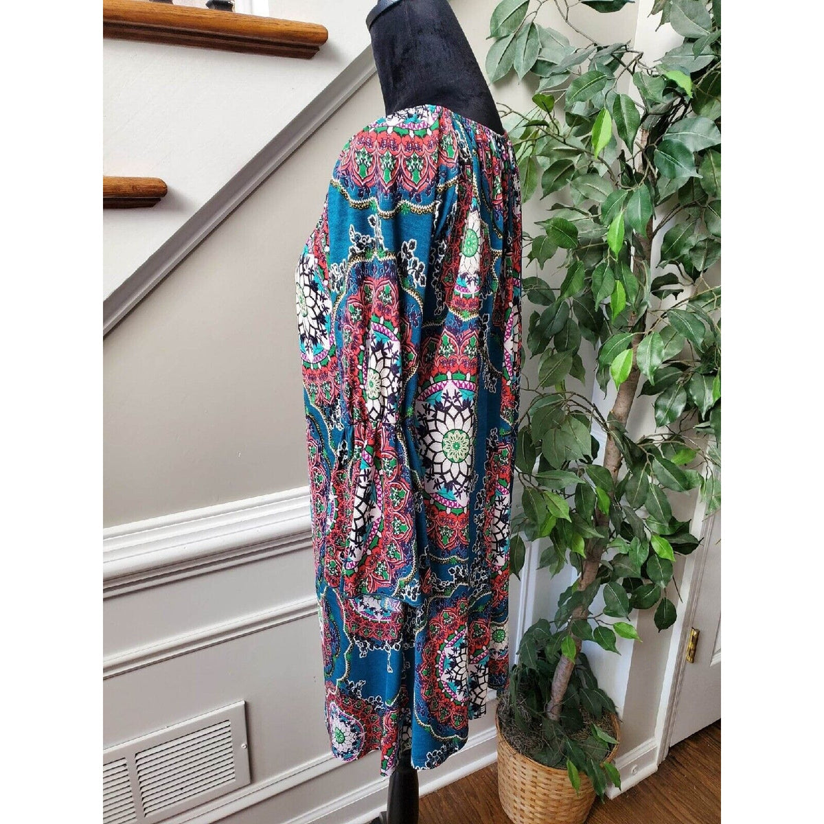 Honeyme Women's Multicolor Polyester Round Neck Long Sleeve Knee Length Dress XL